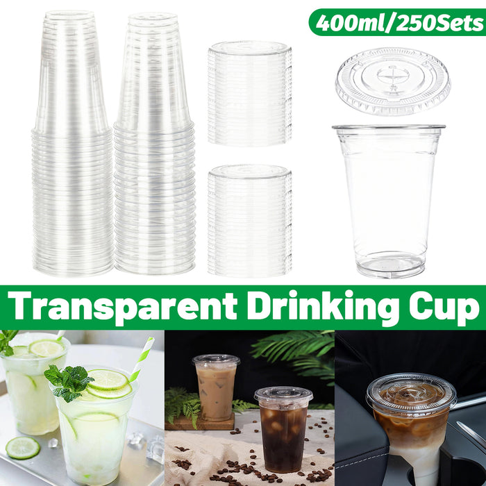 250 Sets Transparent PET Drink Cups With Lids 400ml Leak Proof