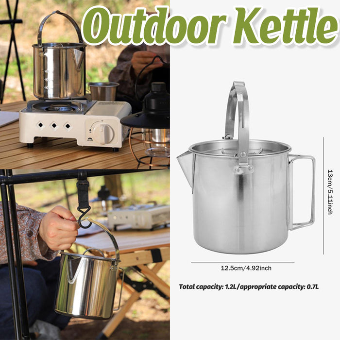 1.2L Stainless Steel Camping Kettle with Lid for Hiking Picnic
