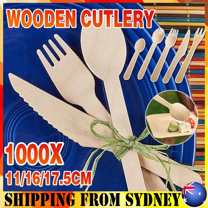 1000 Pcs Wooden Cutlery Set Spoon Fork Knife Teaspoon 16 17.5cm