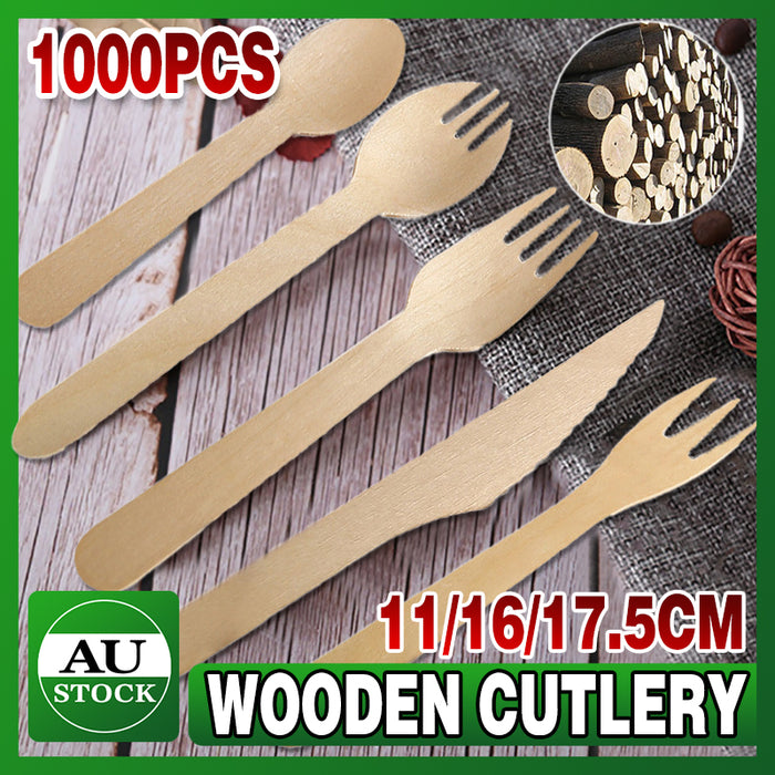 1000 Pcs Wooden Cutlery Set Spoon Fork Knife Teaspoon 16 17.5cm