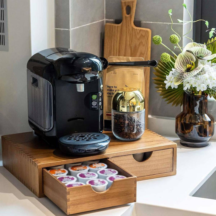 Wooden Coffee Capsule Holder with Double Drawer for Countertop Use