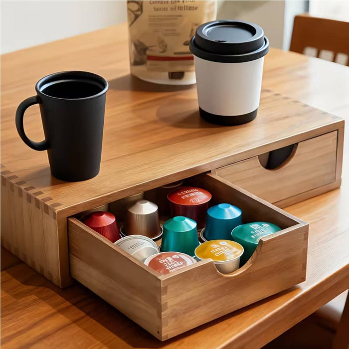 Wooden Coffee Capsule Holder with Double Drawer for Countertop Use