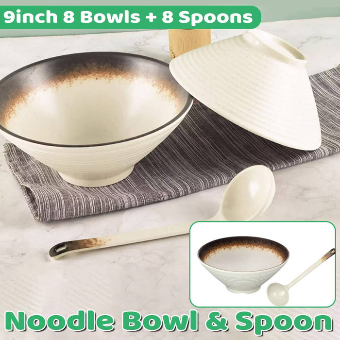 8 Pcs Melamine Noodle Bowls With Spoons 9in Cream White