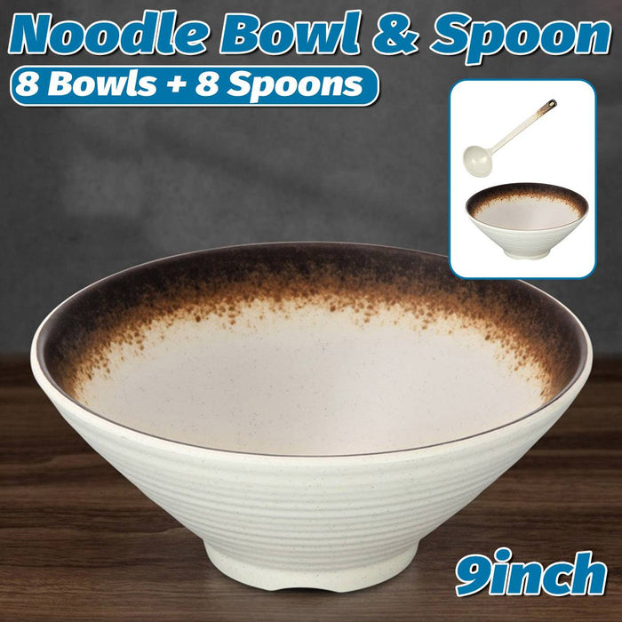 8 Pcs Melamine Noodle Bowls With Spoons 9in Cream White