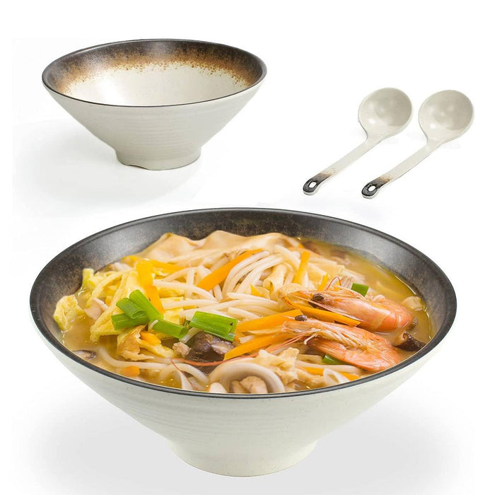8 Pcs Melamine Noodle Bowls With Spoons 9in Cream White