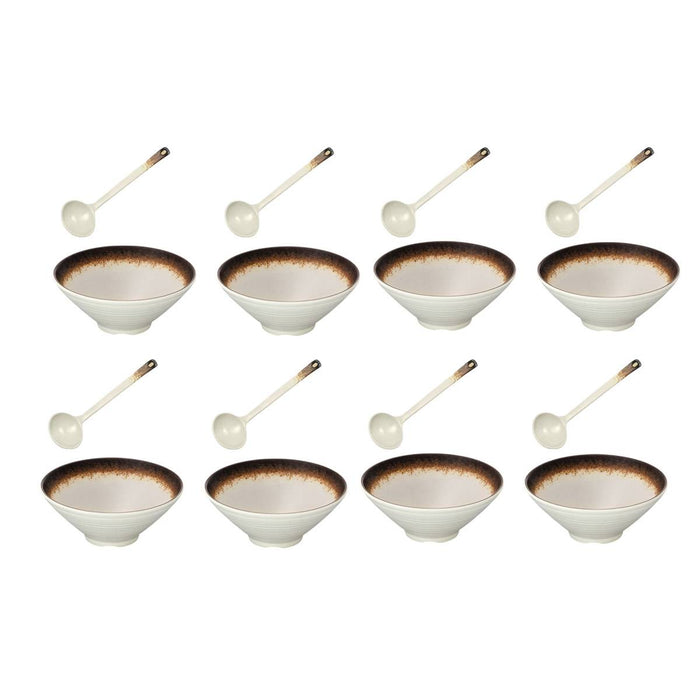 8 Pcs Melamine Noodle Bowls With Spoons 9in Cream White