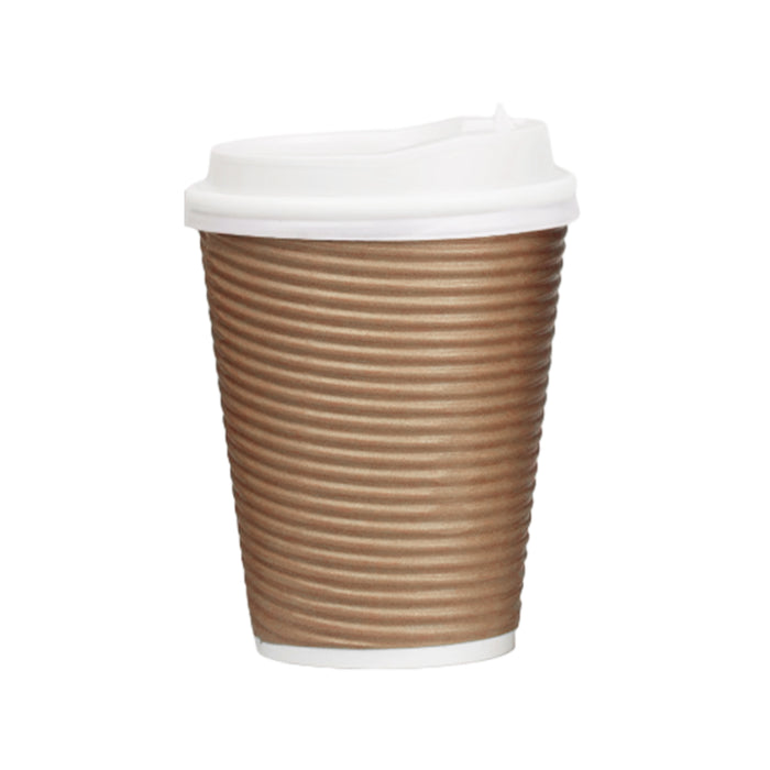 50 Sets Corrugated Paper Cups With White Lids 8oz 12oz 14oz 16oz