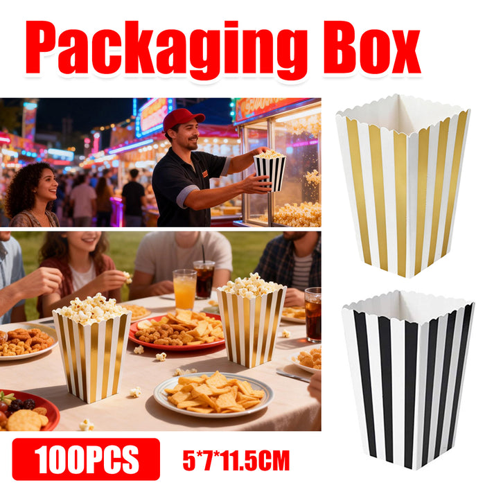 100 Pcs Food-Grade Striped Popcorn Boxes Large Capacity in Black or Gold