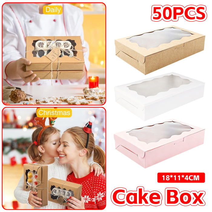 50 Pcs Kraft Cake Boxes with Clear Window Food-Grade in 3 Colors