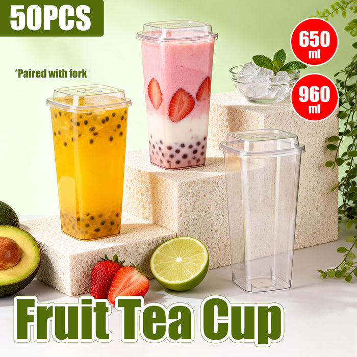 50 Pcs Fruit Tea Cups with Lids Forks 650ml 960ml PP