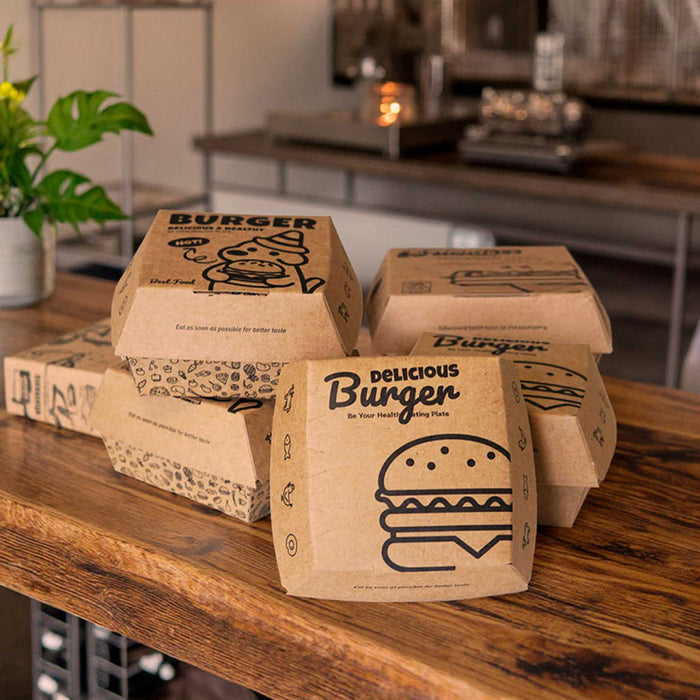100 Pcs Food-Grade Kraft Burger Takeaway Boxes with Vent Hole 2 Styles