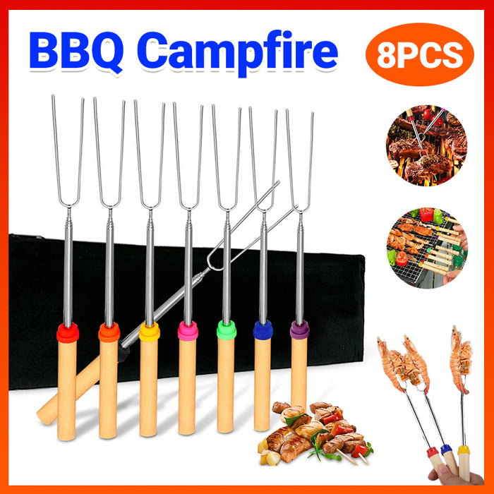 8Pcs Retractable Barbecue Fork Set with Canvas Bag