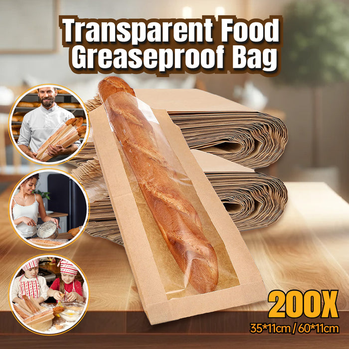 200 PCS Transparent Food Greaseproof Bags French Bread Baguette Packaging Pouch
