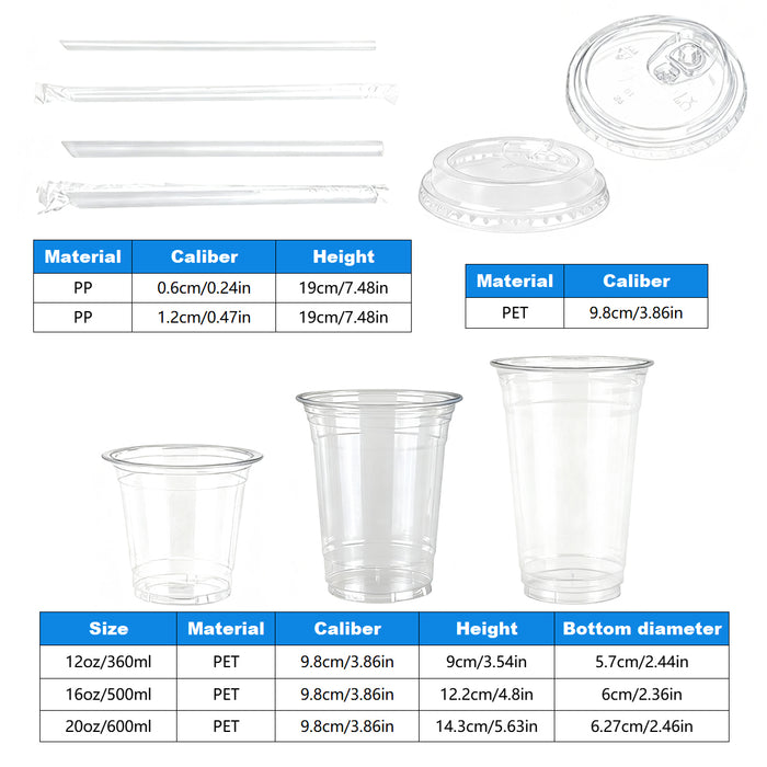 Disposable Cold Drink Cups with Lids Straws PET Clear 12oz 16oz 20oz