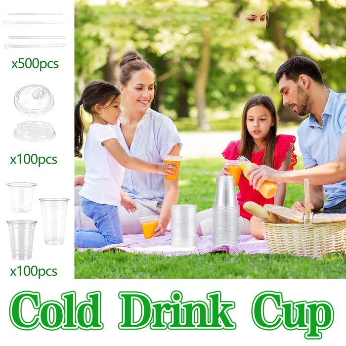 Disposable Cold Drink Cups with Lids Straws PET Clear 12oz 16oz 20oz