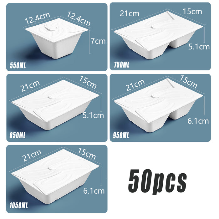 50 Pcs Pulp Salad and Fruit Lunch Boxes Four-Turn Lid White 5 Sizes 550-1050 ml