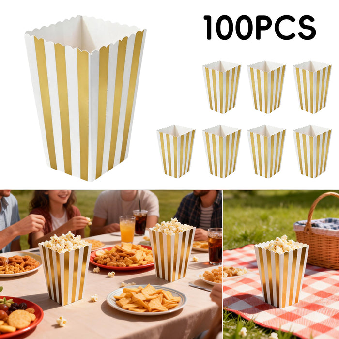 100 Pcs Food-Grade Striped Popcorn Boxes Large Capacity in Black or Gold
