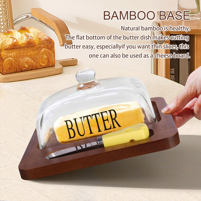 Butter Dish with Glass Lid Bamboo Base With Knife 19.6cm