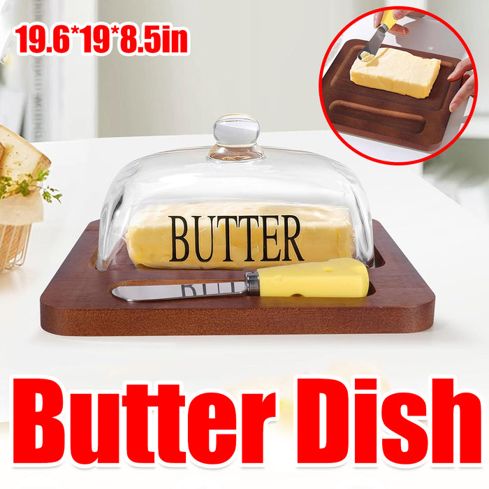 Butter Dish with Glass Lid Bamboo Base With Knife 19.6cm