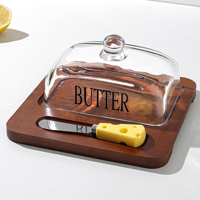 Butter Dish with Glass Lid Bamboo Base With Knife 19.6cm
