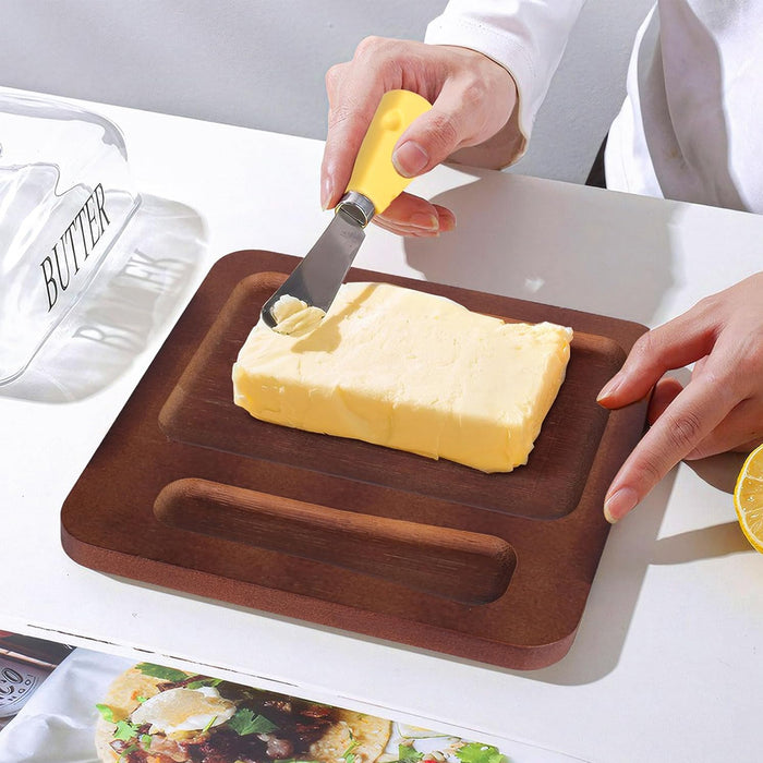 Butter Dish with Glass Lid Bamboo Base With Knife 19.6cm
