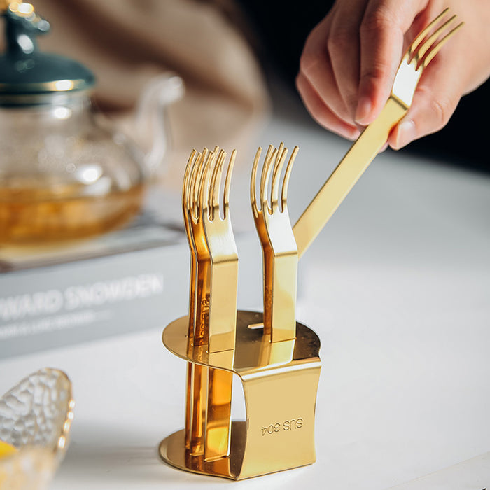304 Stainless Steel Fruit Fork Set of 6 with Storage Base 12.3 cm Mirror Finish