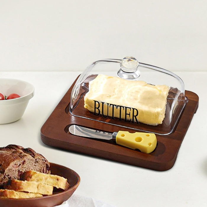Butter Dish with Glass Lid Bamboo Base With Knife 19.6cm