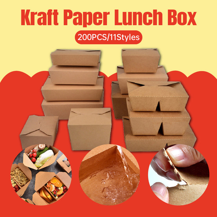 200 Pcs Kraft Paper Lunch Boxes 11 Styles Disposable Takeaway Food Containers