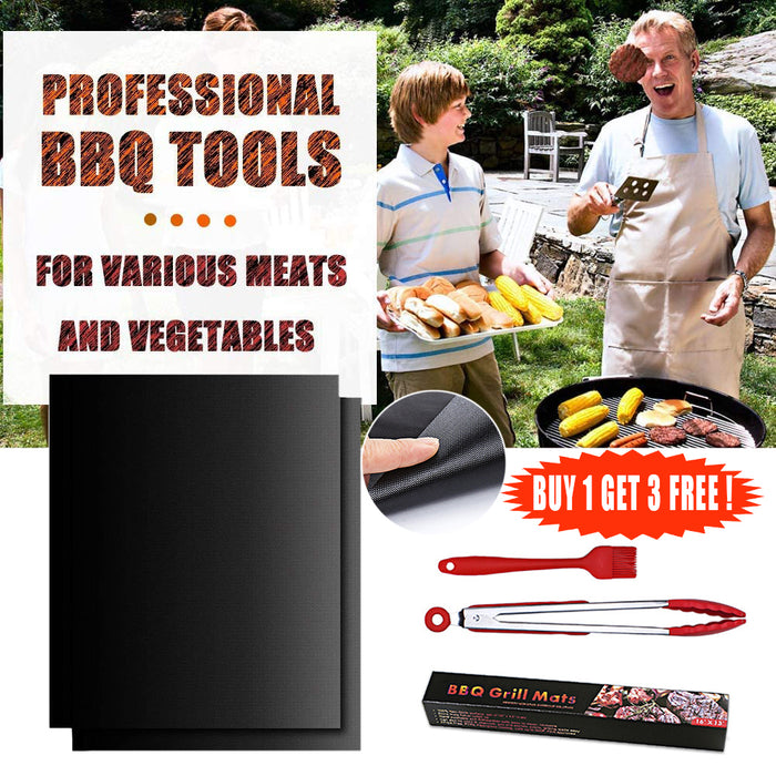 5Pcs Non-Stick BBQ Grill Mats with Brush and Clips Reusable 15.75×13 Inch