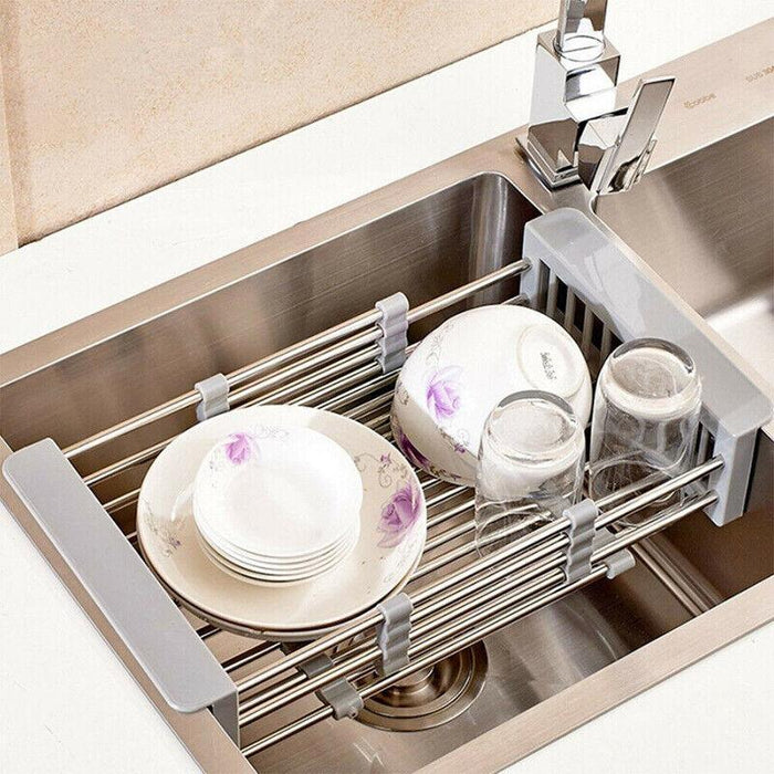Sink Draining Rack Stainless Steel Roll Up With Silicone Ends