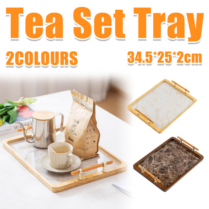 Bamboo Tea Tray with Stone Plastic Base Waterproof Non-Slip 34.5 x 25 cm