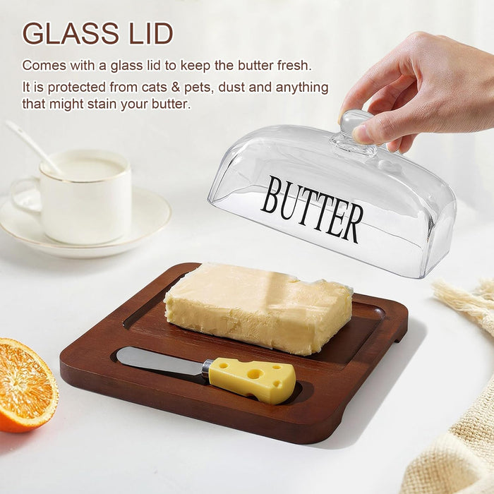 Butter Dish with Glass Lid Bamboo Base With Knife 19.6cm