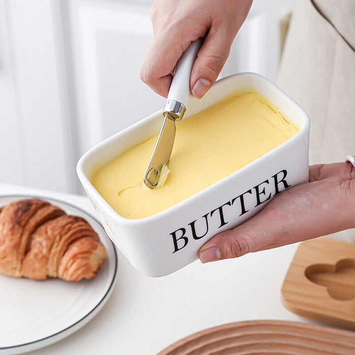 Ceramic Butter Dish with Bamboo Lid White With Knife