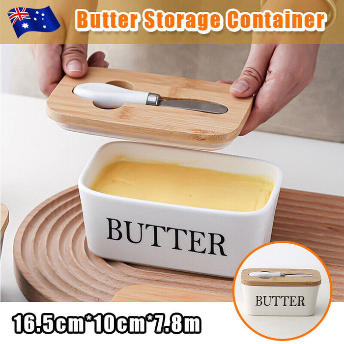 Ceramic Butter Dish with Bamboo Lid White With Knife