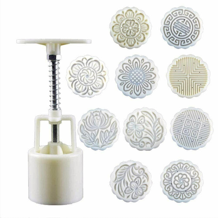 Moon Cake Mold Set with 10 Stamps Plastic Press Mould for Pastry Making
