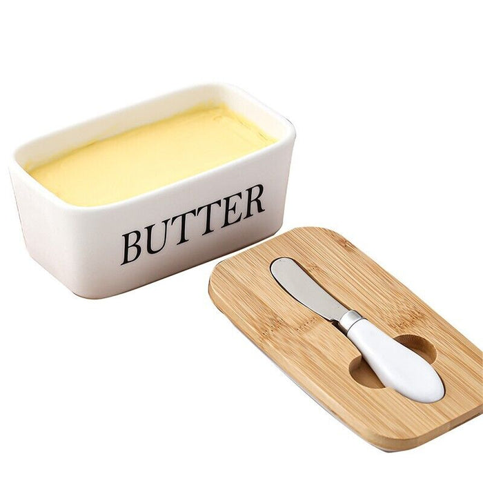Ceramic Butter Dish with Bamboo Lid White With Knife