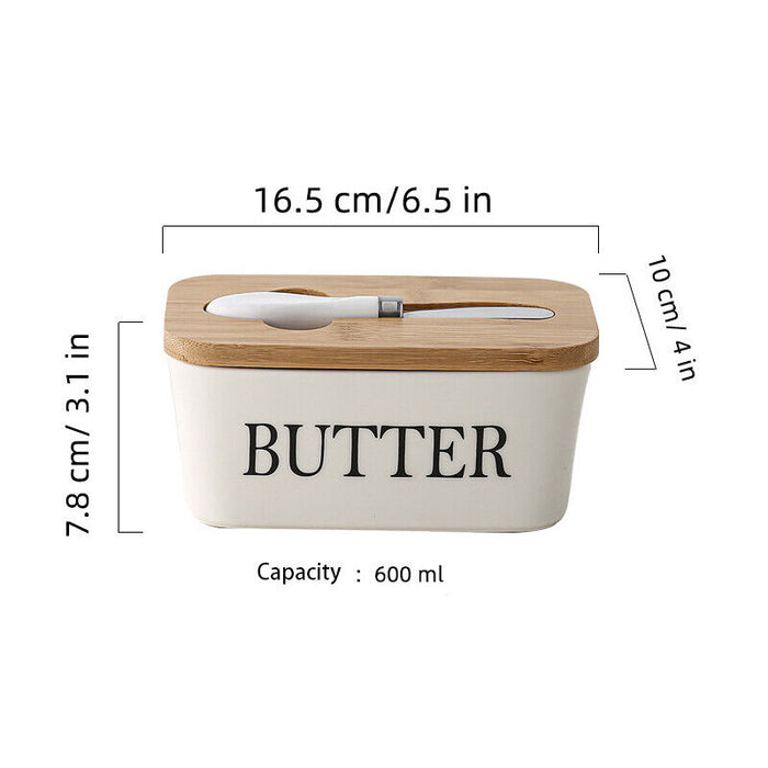 Ceramic Butter Dish with Bamboo Lid White With Knife