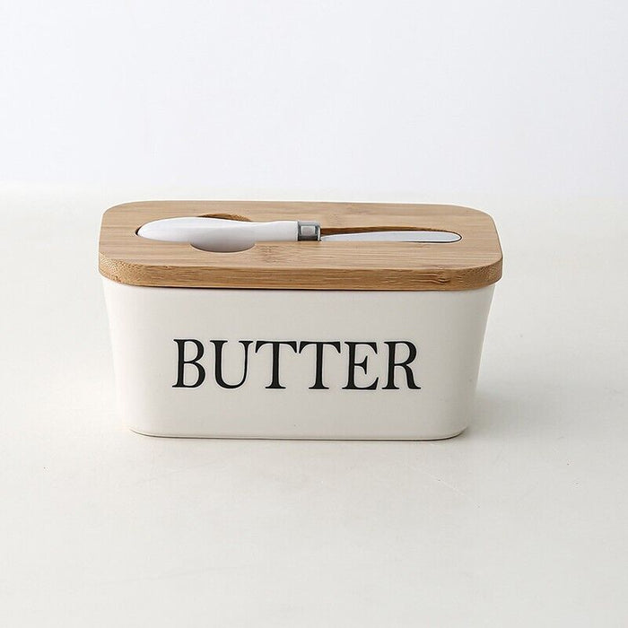 Ceramic Butter Dish with Bamboo Lid White With Knife