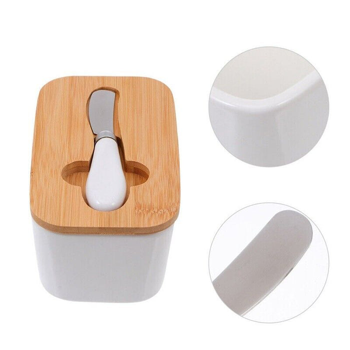 Ceramic Butter Dish with Bamboo Lid White With Knife
