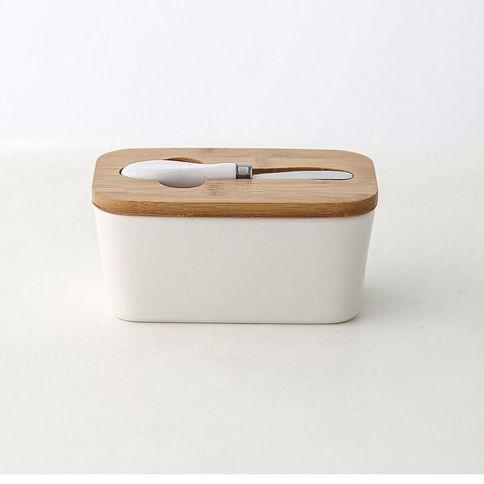 Ceramic Butter Dish with Bamboo Lid White With Knife