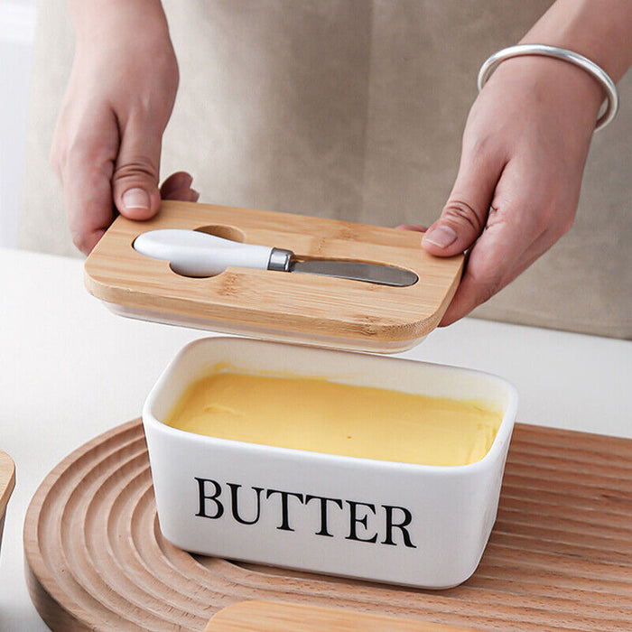 Ceramic Butter Dish with Bamboo Lid White With Knife