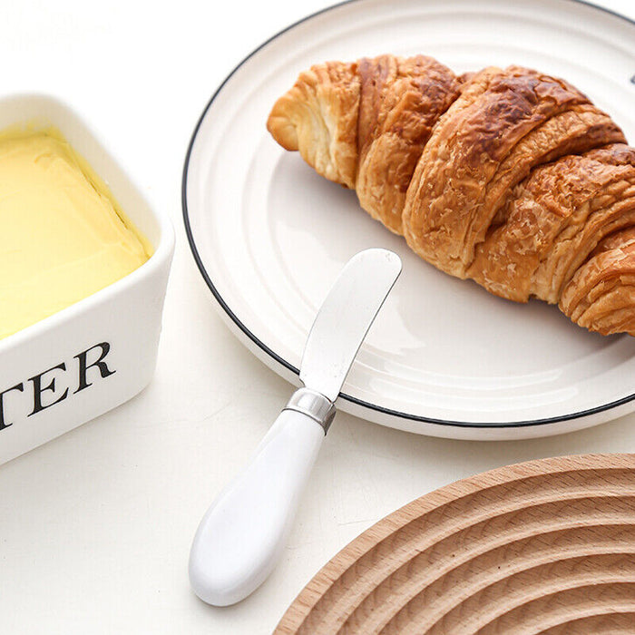 Ceramic Butter Dish with Bamboo Lid White With Knife