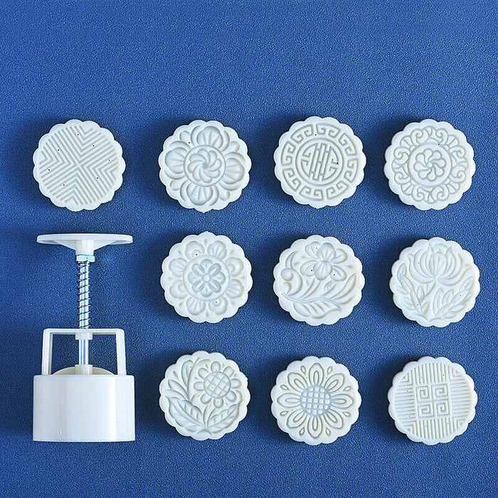 Moon Cake Mold Set with 10 Stamps Plastic Press Mould for Pastry Making