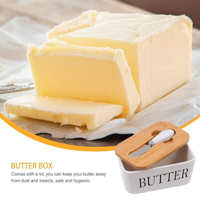 Ceramic Butter Dish with Bamboo Lid White With Knife