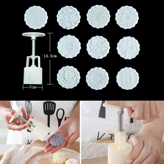 Moon Cake Mold Set with 10 Stamps Plastic Press Mould for Pastry Making