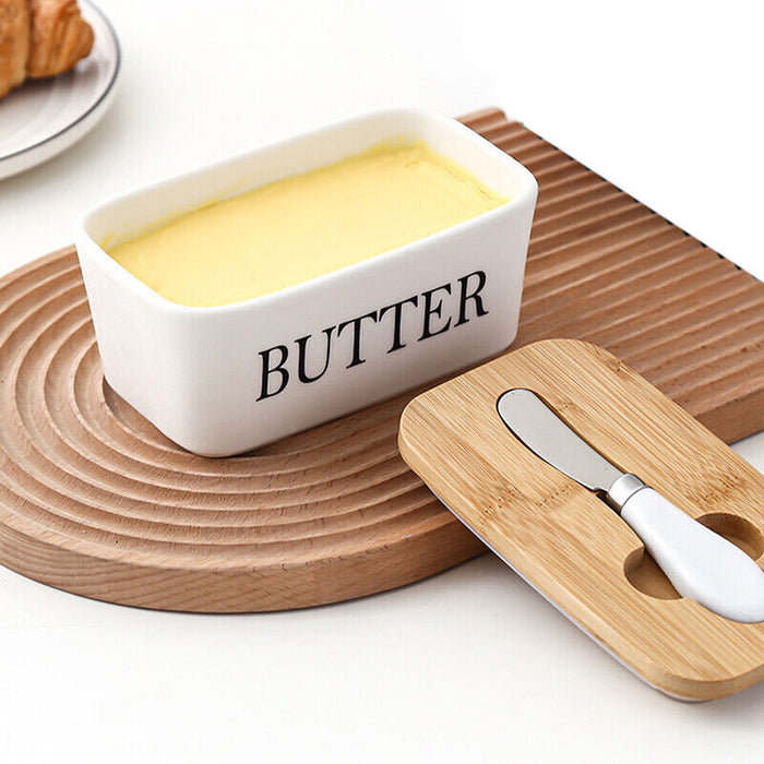 Ceramic Butter Dish with Bamboo Lid White With Knife