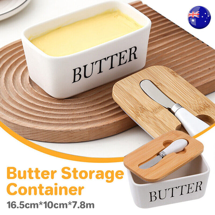 Ceramic Butter Dish with Bamboo Lid White With Knife