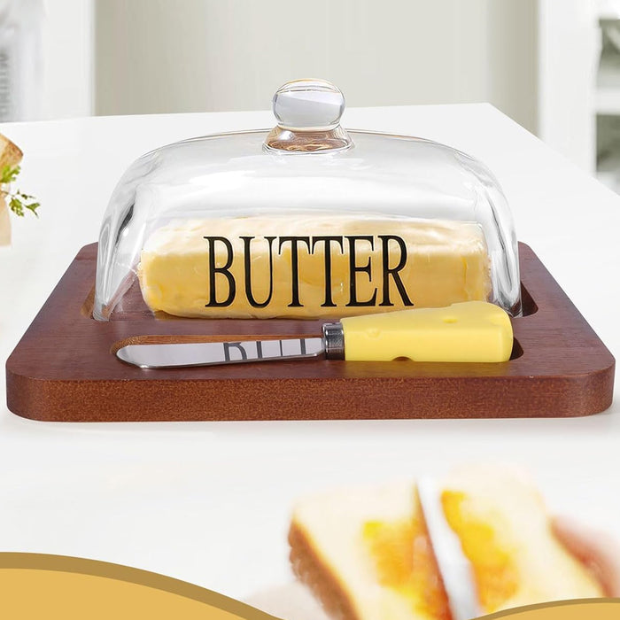 Butter Dish with Glass Lid Bamboo Base With Knife 19.6cm