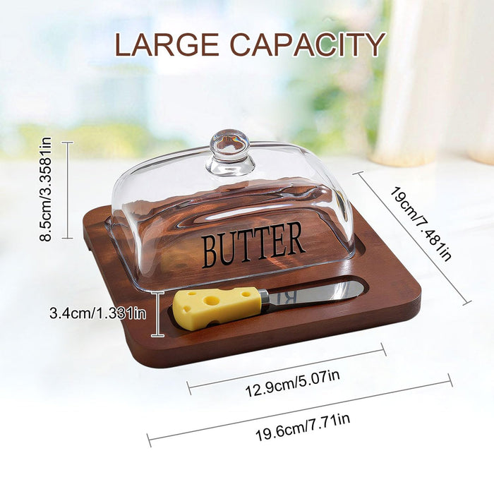 Butter Dish with Glass Lid Bamboo Base With Knife 19.6cm