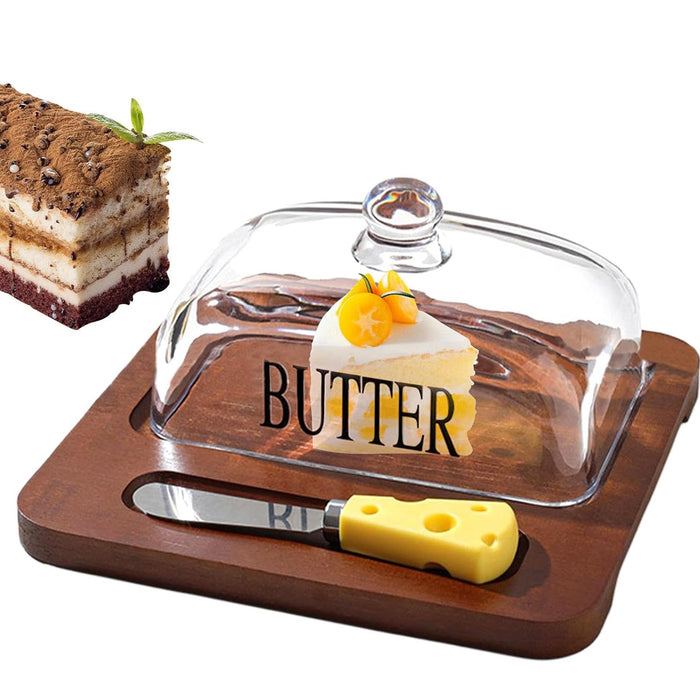 Butter Dish with Glass Lid Bamboo Base With Knife 19.6cm